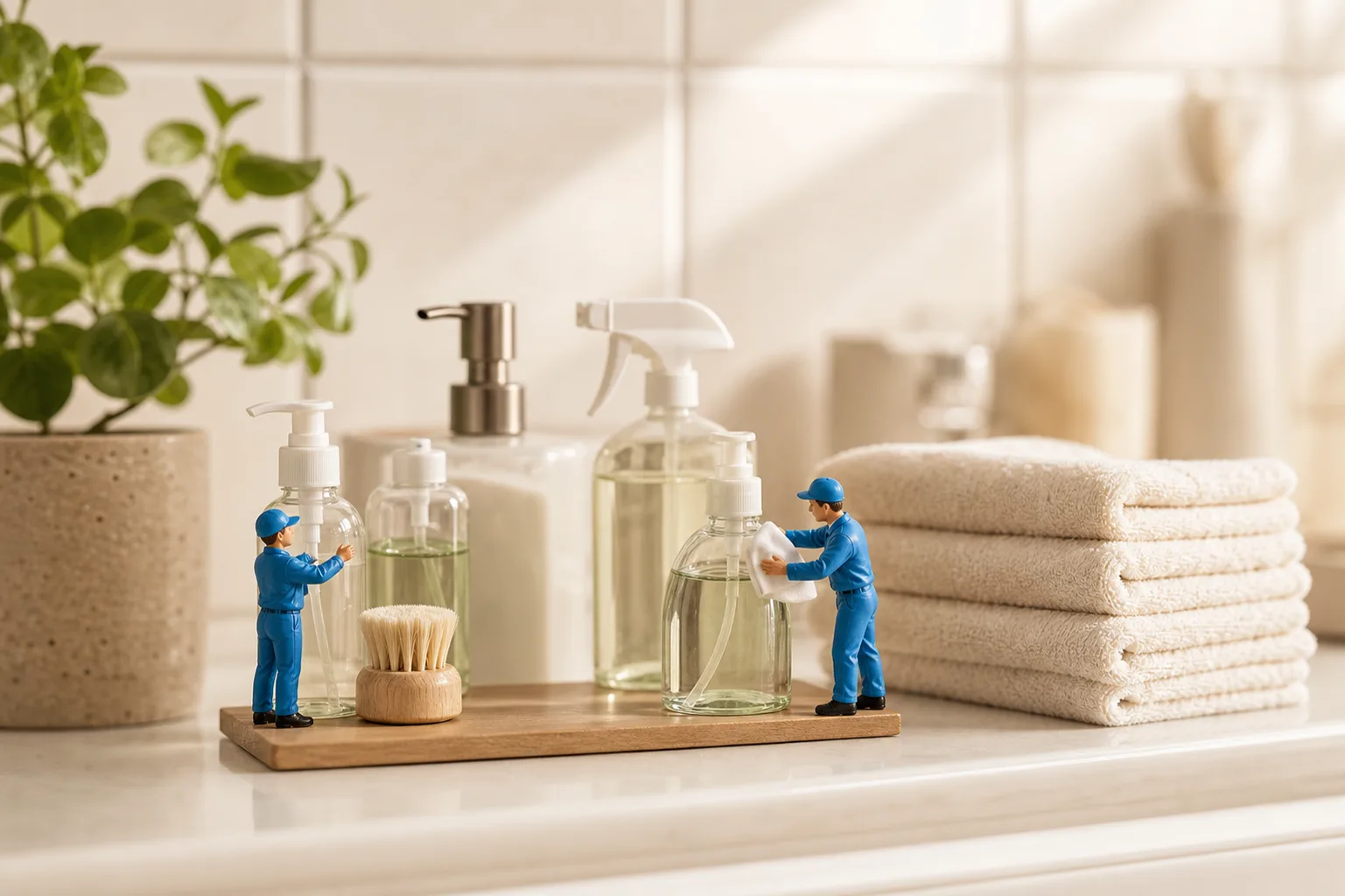 Tiny cleaners arranging eco cleaning supplies